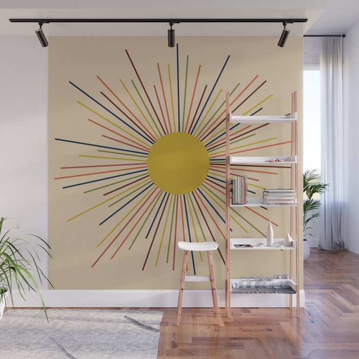 Mid-Century Modern Sunburst - Minimalist Abstract Sun in Mid Mod Mustard, Orange, Olive, Blue, and Beige Wall Mural Gallery Image 1