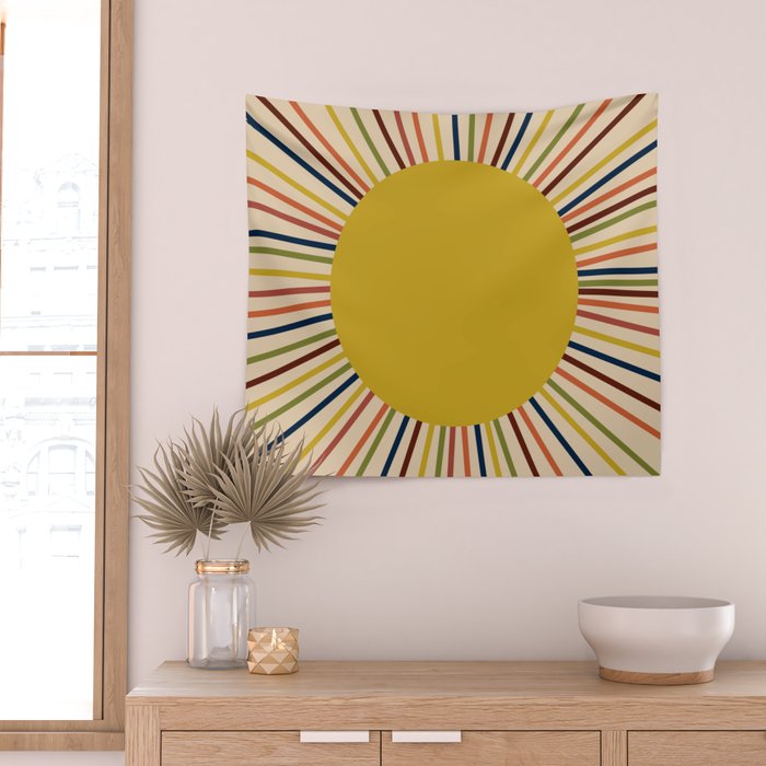 Mid-Century Modern Sunburst - Minimalist Abstract Sun in Mid Mod Mustard, Orange, Olive, Blue, and Beige Wall Tapestry Gallery Image 2