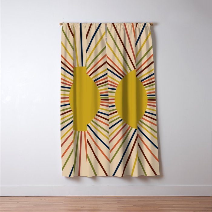 Mid-Century Modern Sunburst - Minimalist Abstract Sun in Mid Mod Mustard, Orange, Olive, Blue, and Beige Window Curtain Gallery Image 3