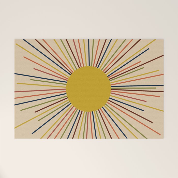 Mid-Century Modern Sunburst - Minimalist Abstract Sun in Mid Mod Mustard, Orange, Olive, Blue, and Beige Welcome Mat Gallery Image 1