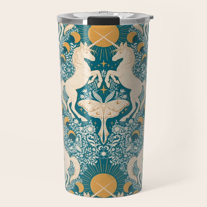 Celestial Unicorns In Turquoise and Gold Travel Mug Gallery Image 1