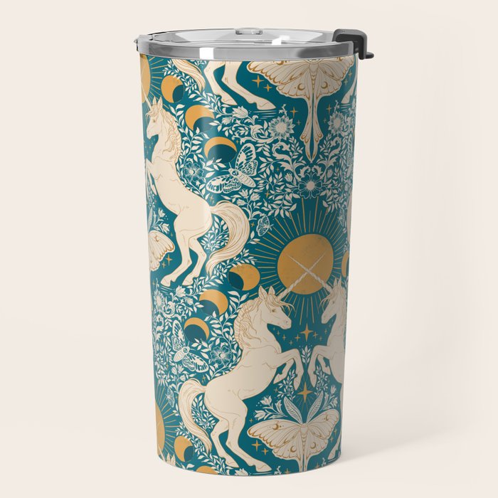 Celestial Unicorns In Turquoise and Gold Travel Mug Gallery Image 2