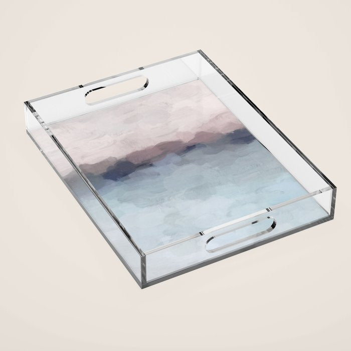 Blushing Seas - Pink Mauve Purple Navy Light Blue Abstract Painting Modern Ocean Waves Horizon Acrylic Tray Gallery Image 1