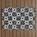 Black and white retro flower art pattern Outdoor Rug Gallery Image 1