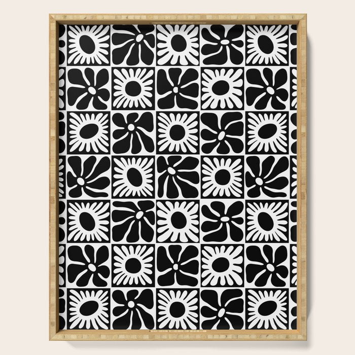 Black and white retro flower art pattern Serving Tray Gallery Image 1