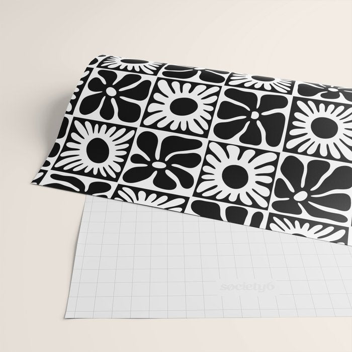 Black and white retro flower art pattern Wrapping Paper Gallery Image 2