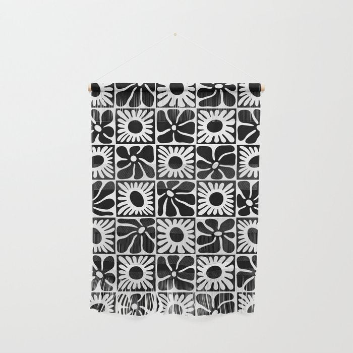 Black and white retro flower art pattern Wall Hanging Gallery Image 1