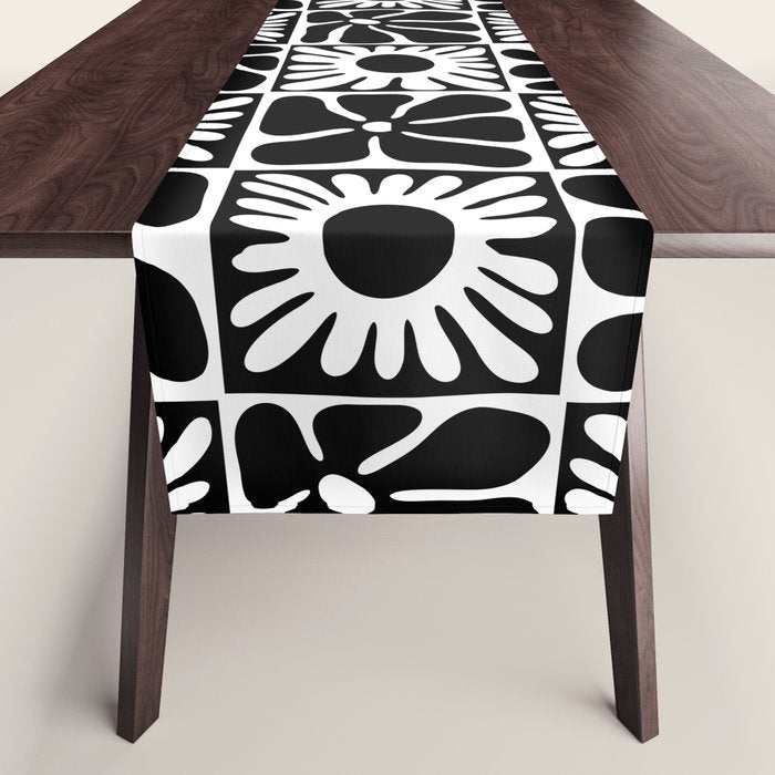 Black and white retro flower art pattern Table Runner Gallery Image 1