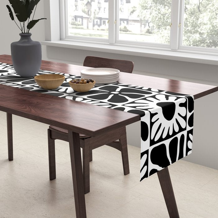 Black and white retro flower art pattern Table Runner Gallery Image 2