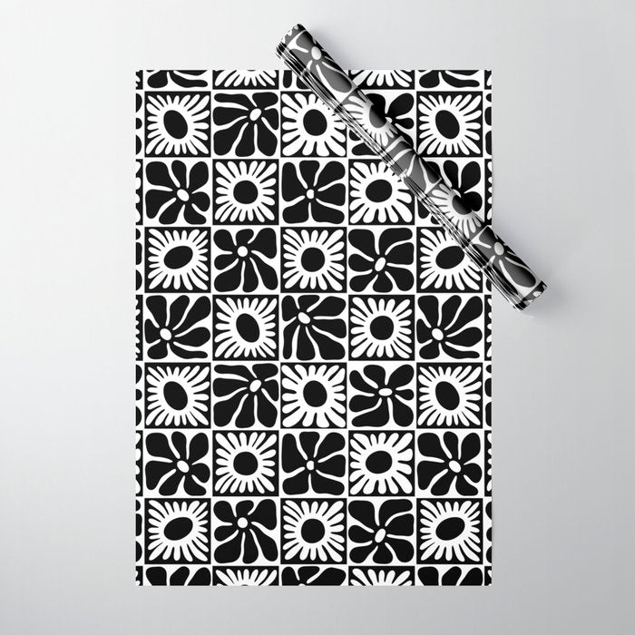 Black and white retro flower art pattern Wrapping Paper Gallery Image 1