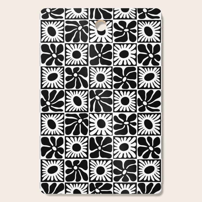 Black and white retro flower art pattern Cutting Board Gallery Image 1