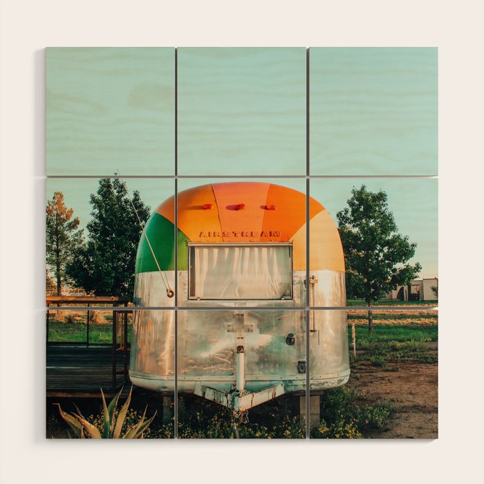Rainbow trailer in Marfa, West Texas Wood Wall Art Gallery Image 1