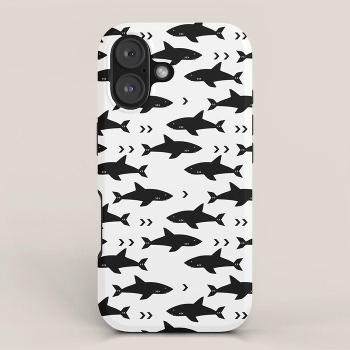 Sharks - shark week trendy black and white minimal kids pattern print iPhone Case Gallery Image 1