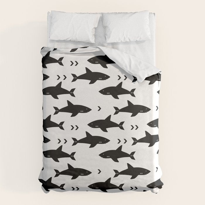 Sharks - shark week trendy black and white minimal kids pattern print Duvet Cover Gallery Image 6