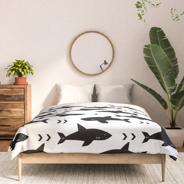 Sharks - shark week trendy black and white minimal kids pattern print Comforter Gallery Image 3