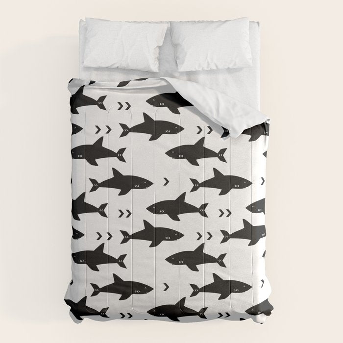 Sharks - shark week trendy black and white minimal kids pattern print Comforter Gallery Image 6