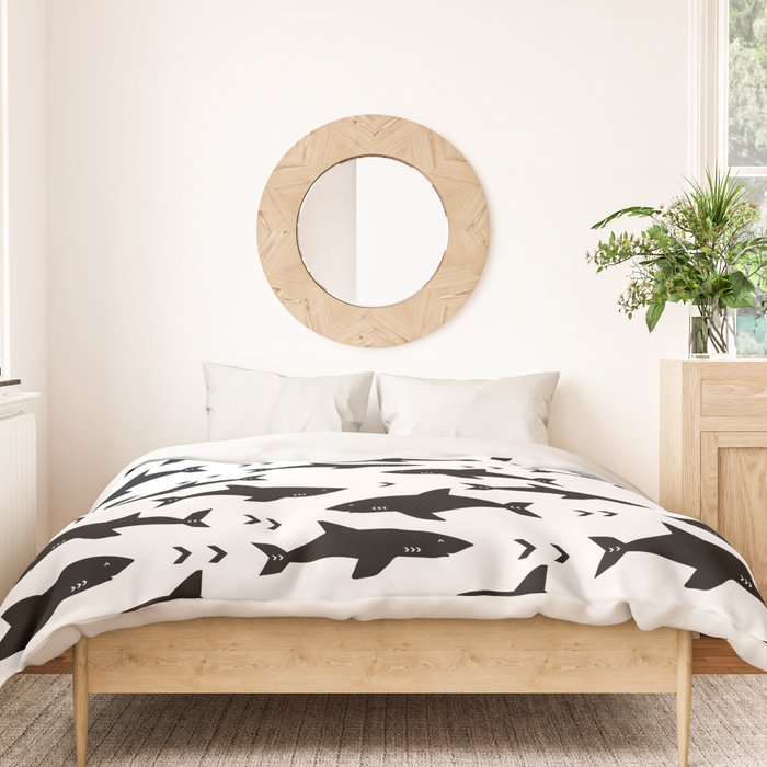 Sharks - shark week trendy black and white minimal kids pattern print Duvet Cover Gallery Image 3