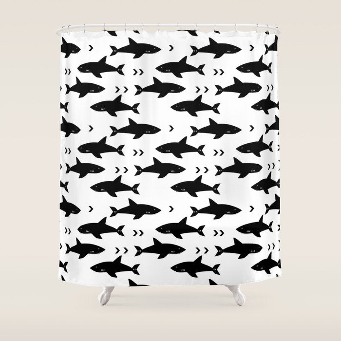Sharks - shark week trendy black and white minimal kids pattern print Shower Curtain Gallery Image 1