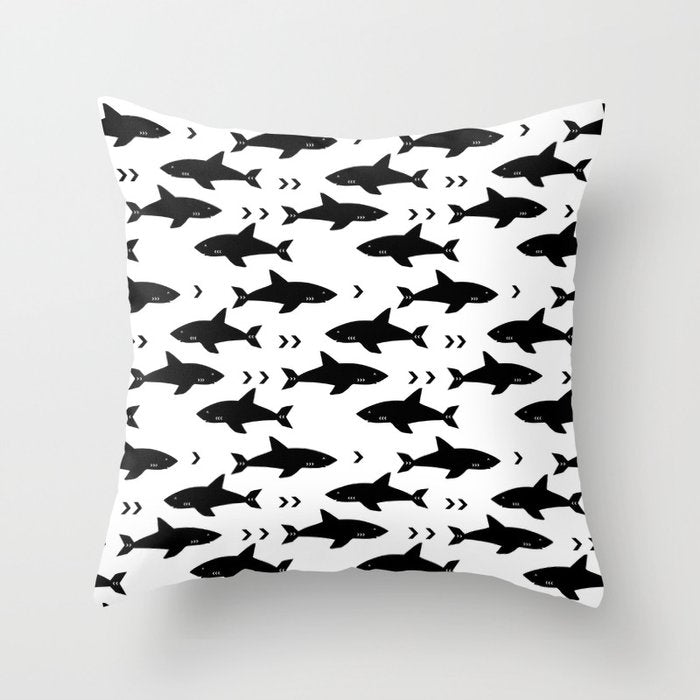 Sharks - shark week trendy black and white minimal kids pattern print Throw Pillow Gallery Image 6