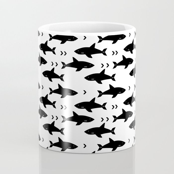 Sharks - shark week trendy black and white minimal kids pattern print Coffee Mug Gallery Image 4