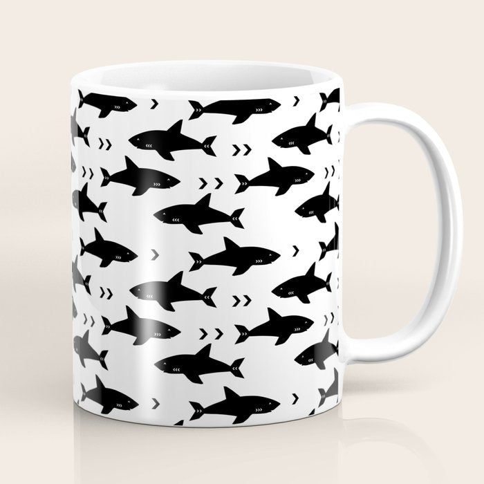Sharks - shark week trendy black and white minimal kids pattern print Coffee Mug Gallery Image 1