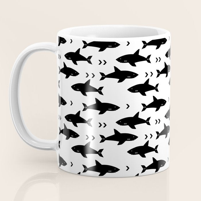 Sharks - shark week trendy black and white minimal kids pattern print Coffee Mug Gallery Image 3