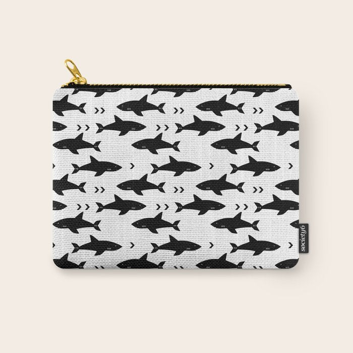 Sharks - shark week trendy black and white minimal kids pattern print Carry All Pouch Gallery Image 1