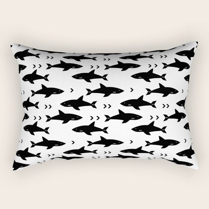 Sharks - shark week trendy black and white minimal kids pattern print Rectangular Pillow Gallery Image 2