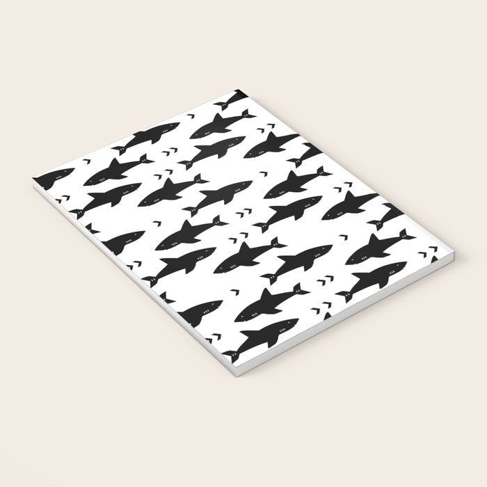 Sharks - shark week trendy black and white minimal kids pattern print Notebook Gallery Image 3