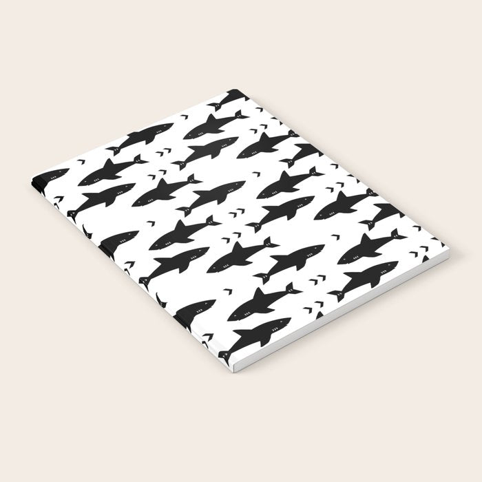 Sharks - shark week trendy black and white minimal kids pattern print Notebook Gallery Image 1