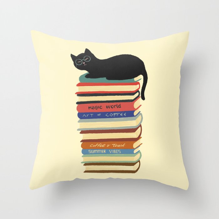 Hidden cat 31 reading books  Throw Pillow Gallery Image 1