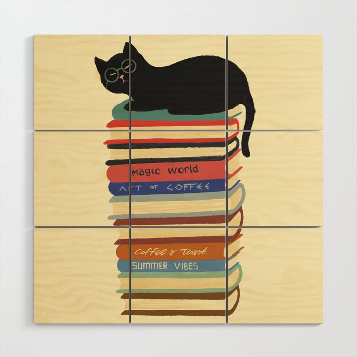Hidden cat 31 reading books  Wood Wall Art Gallery Image 1