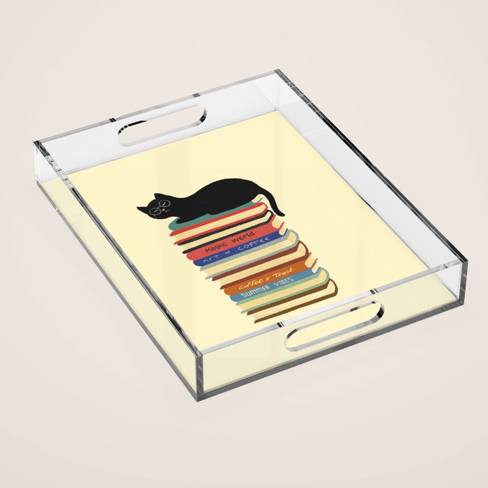 Hidden cat 31 reading books  Acrylic Tray Gallery Image 1