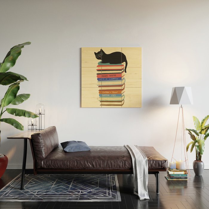 Hidden cat 31 reading books  Wood Wall Art Gallery Image 2