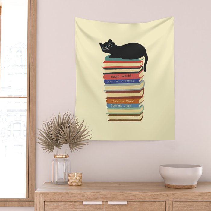 Hidden cat 31 reading books  Wall Tapestry Gallery Image 2