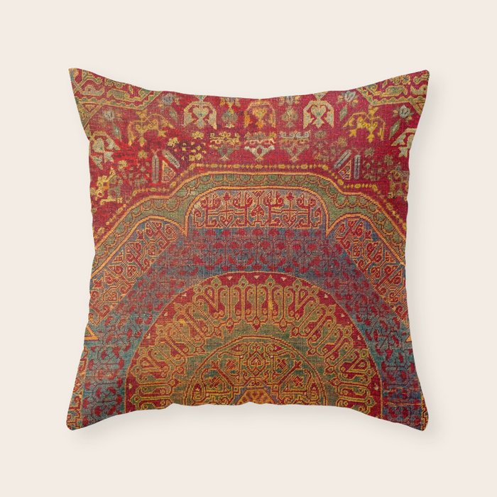 Bohemian Medallion VI // 15th Century Old Distressed Red Green Blue Coloful Ornate Rug Pattern Throw Pillow Gallery Image 1