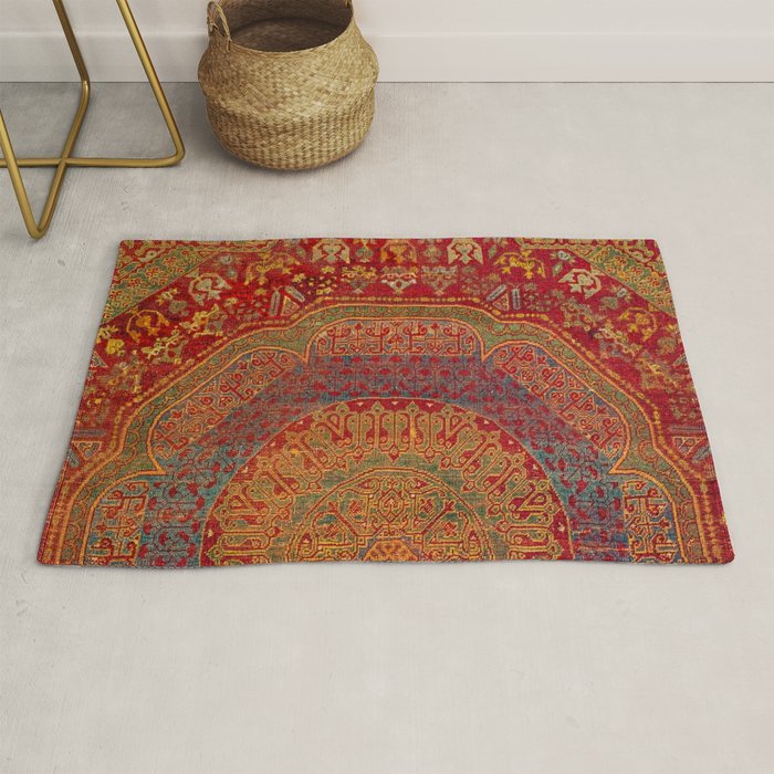 Bohemian Medallion VI // 15th Century Old Distressed Red Green Blue Coloful Ornate Rug Pattern Rug Gallery Image 1