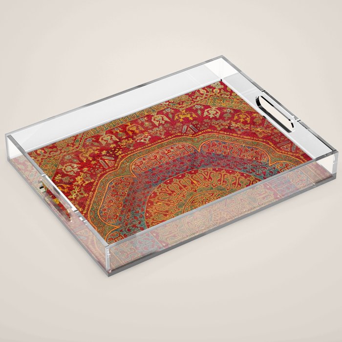 Bohemian Medallion VI // 15th Century Old Distressed Red Green Blue Coloful Ornate Rug Pattern Acrylic Tray Gallery Image 1