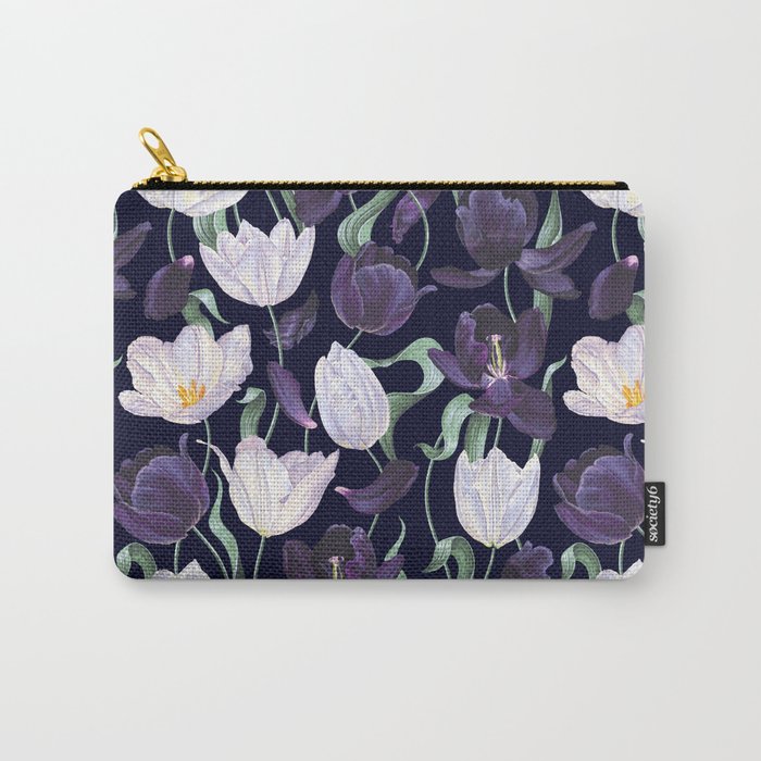Purple and White Tulip Floral Prints on Navy Blue Carry All Pouch Gallery Image 1