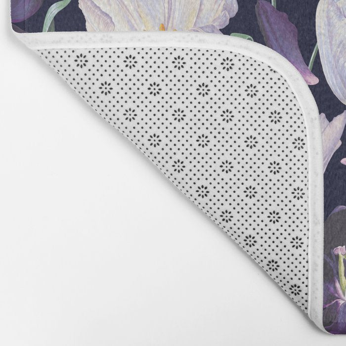 Purple and White Tulip Floral Prints on Navy Blue Bath Mat Gallery Image 2