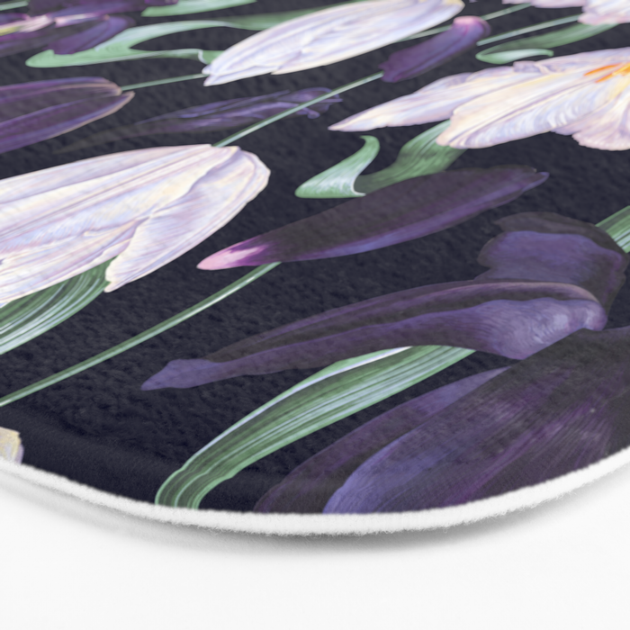 Purple and White Tulip Floral Prints on Navy Blue Bath Mat Gallery Image 3