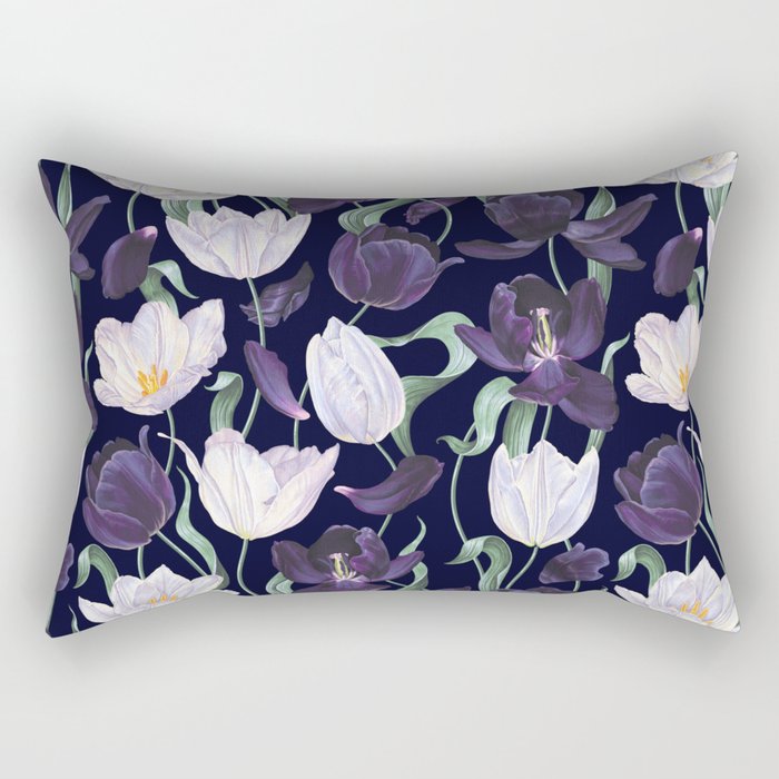 Purple and White Tulip Floral Prints on Navy Blue Rectangular Pillow Gallery Image 2