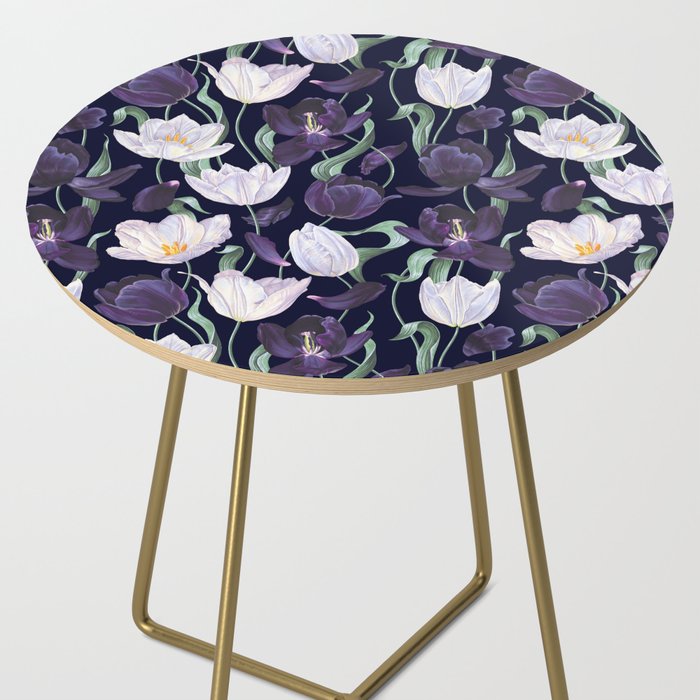 Purple and White Tulip Floral Prints on Navy Blue Side Table Gallery Image 2
