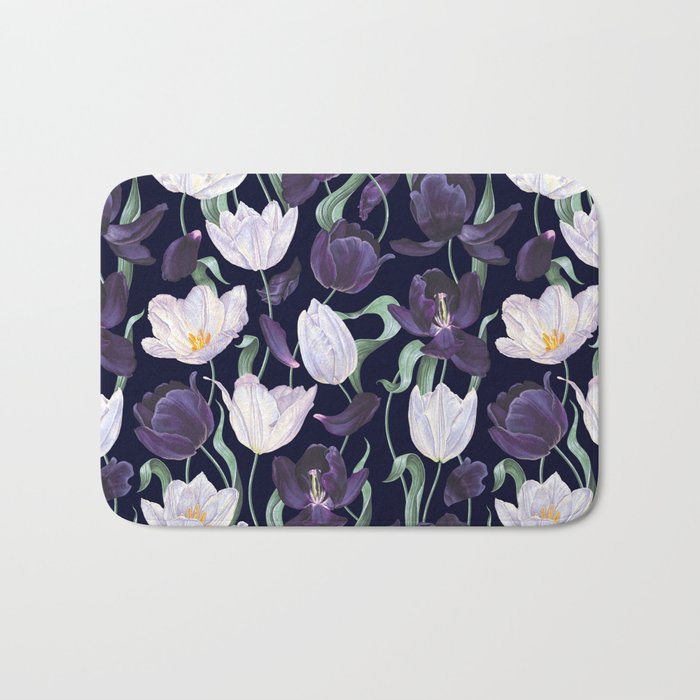 Purple and White Tulip Floral Prints on Navy Blue Bath Mat Gallery Image 1