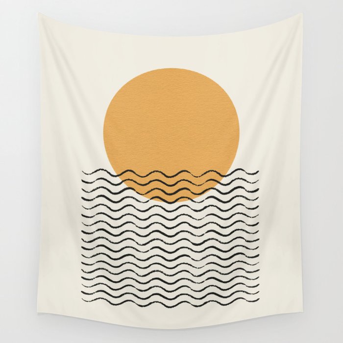 Ocean wave gold sunrise - mid century style Wall Tapestry Gallery Image 4