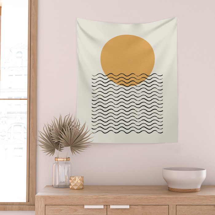 Ocean wave gold sunrise - mid century style Wall Tapestry Gallery Image 2
