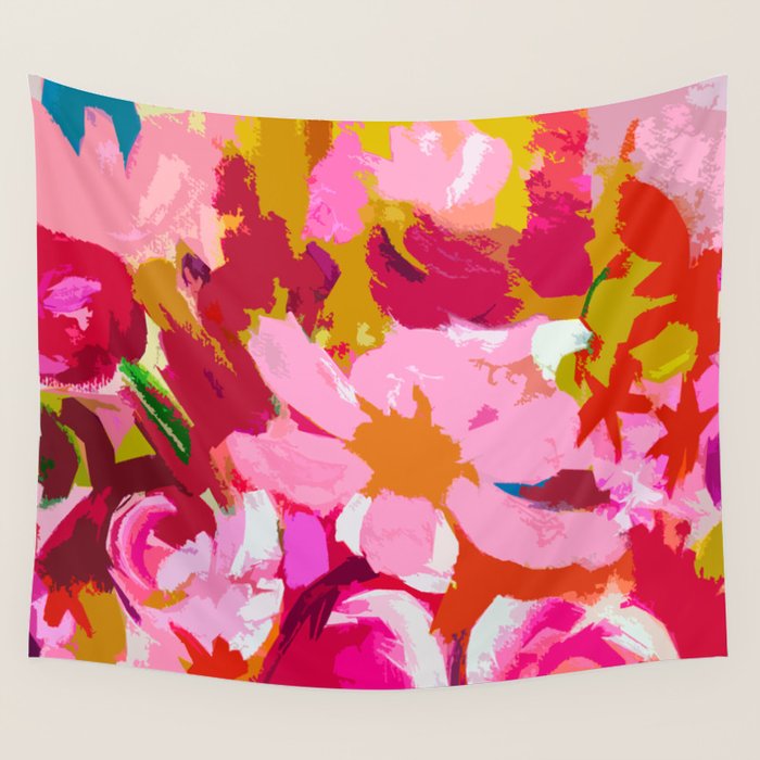 Abstracted Flower Painting in Hot Pink, red, spring green Wall Tapestry Gallery Image 4
