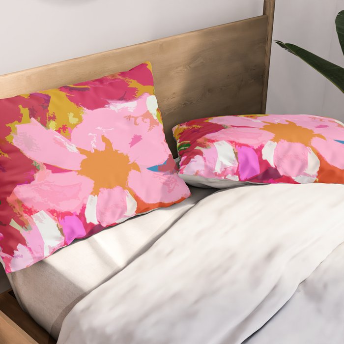 Abstracted Flower Painting in Hot Pink, red, spring green Pillow Sham Gallery Image 2