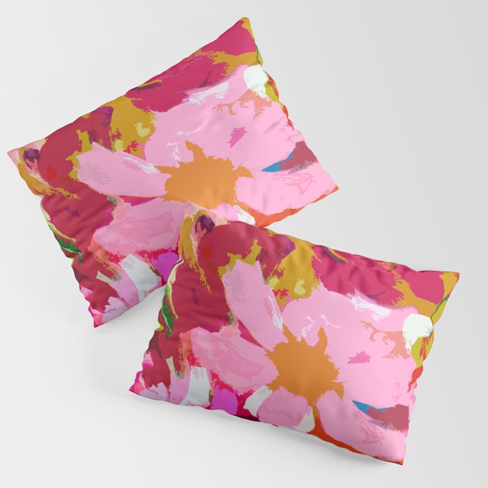 Abstracted Flower Painting in Hot Pink, red, spring green Pillow Sham Gallery Image 1