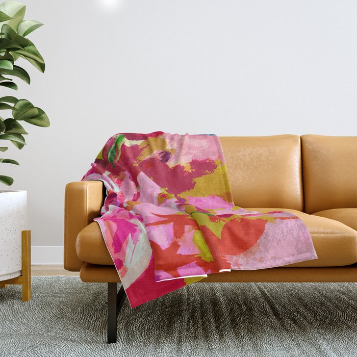 Abstracted Flower Painting in Hot Pink, red, spring green Throw Blanket Gallery Image 1